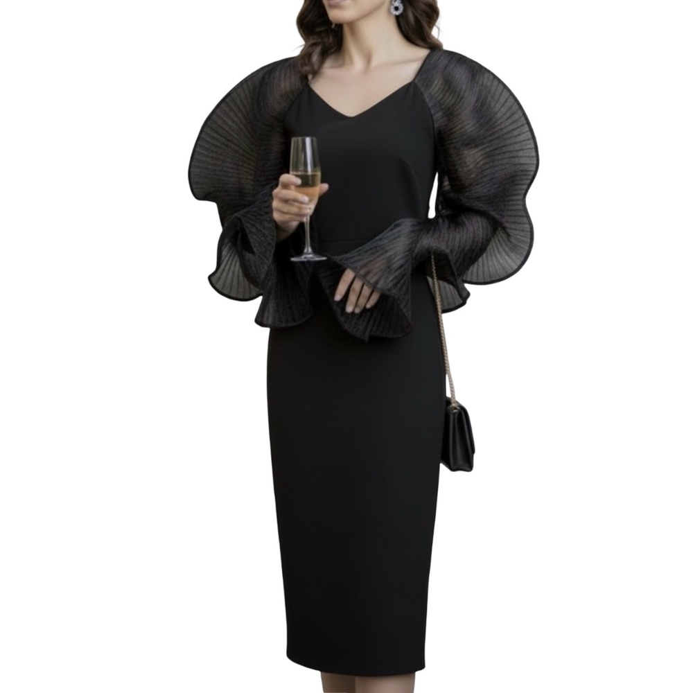 #A144   Why Dress  Black  Gala look Dress  Organza Wing like Sleeves  NWT  L
